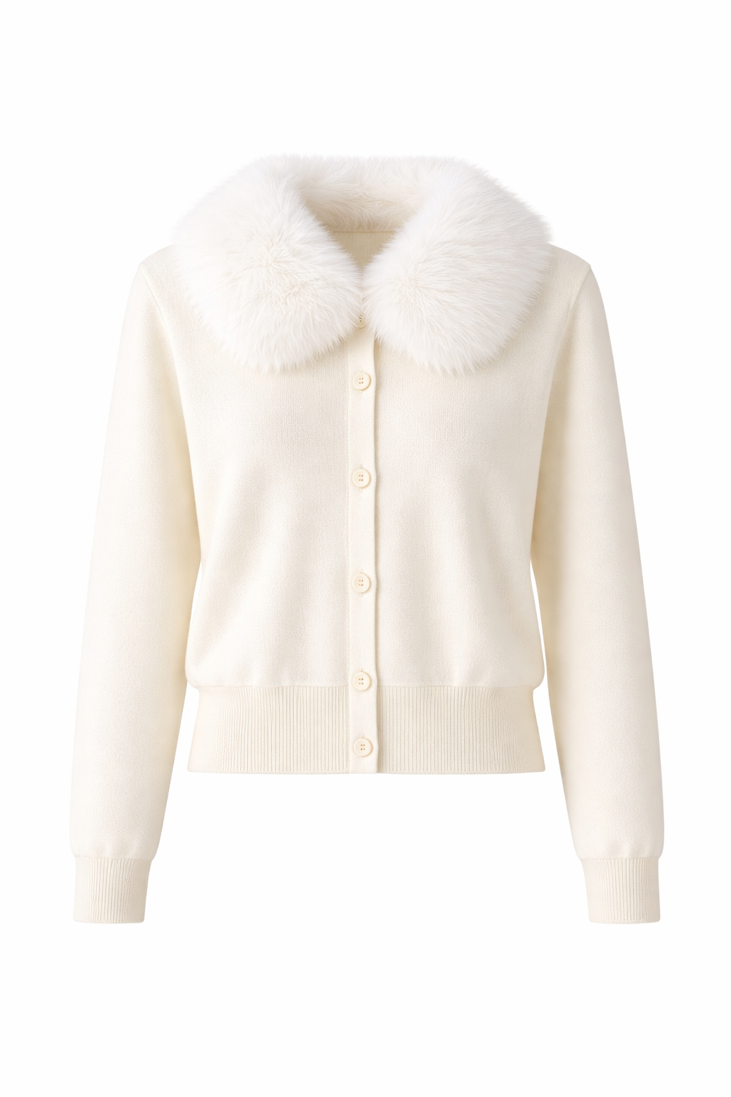 Women's Off-White Knit Cardigan with Faux Fur Collar, Button Front Long Sleeve Sweater, Elegant Chic Style, OneSize Regular Fit(M/L)