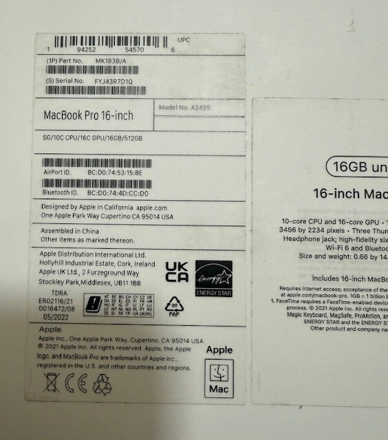Apple MacBook Pro A2485 BOX Only( Empty Box)