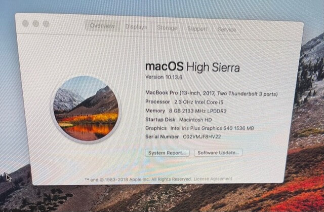 Apple MacBook Pro 13" 2017 A1708 128GB SSD 656-0066A,macOS High Sierra installed