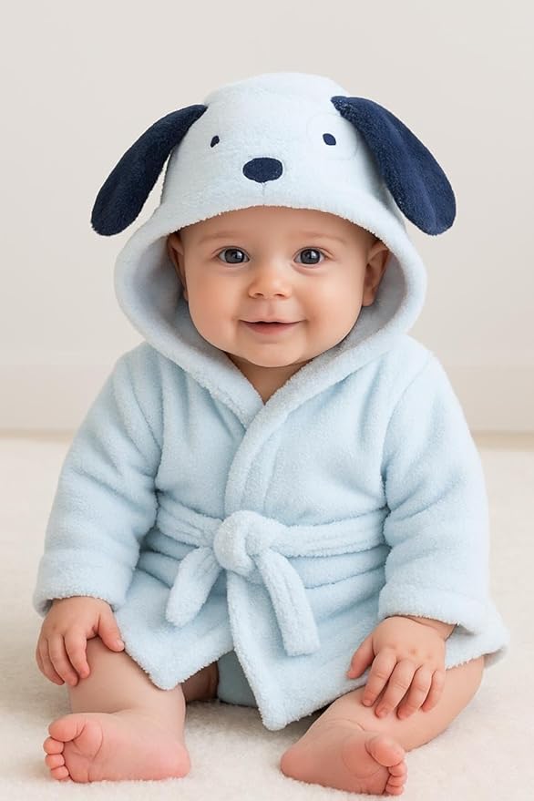 Rock-a-Bye Baby Boutique Blue Puppy Hooded Bath Robe & Plush Toy Gift Set – Ultra-Soft Baby Bathrobe for Newborns 6–9 Months, Cuddly Dog-Themed Puppy Hooded Bath Robe