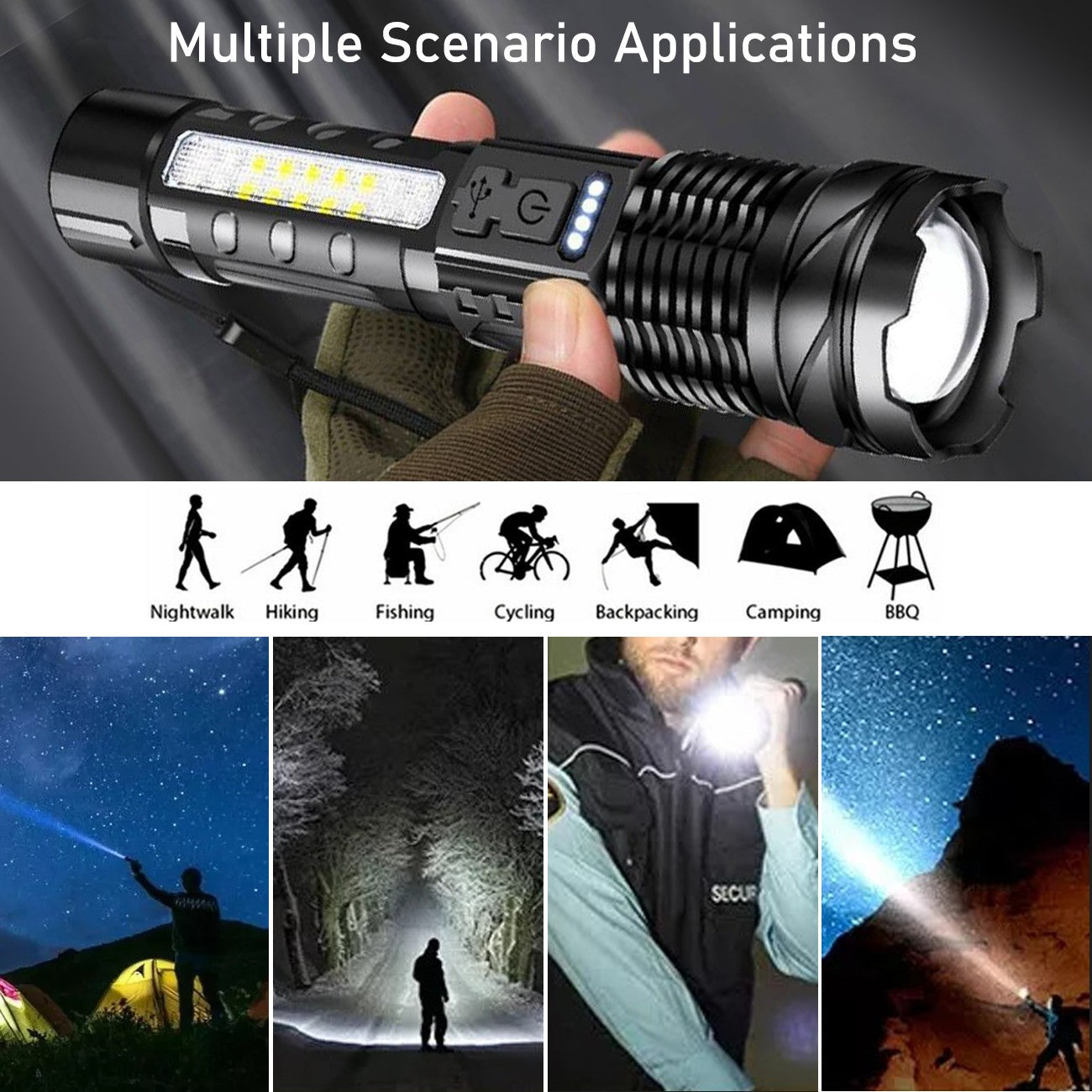USB Rechargeable LED Flashlight Adjustable Focus Camping Hiking Outdoor Flashlight Work light (2Pack)