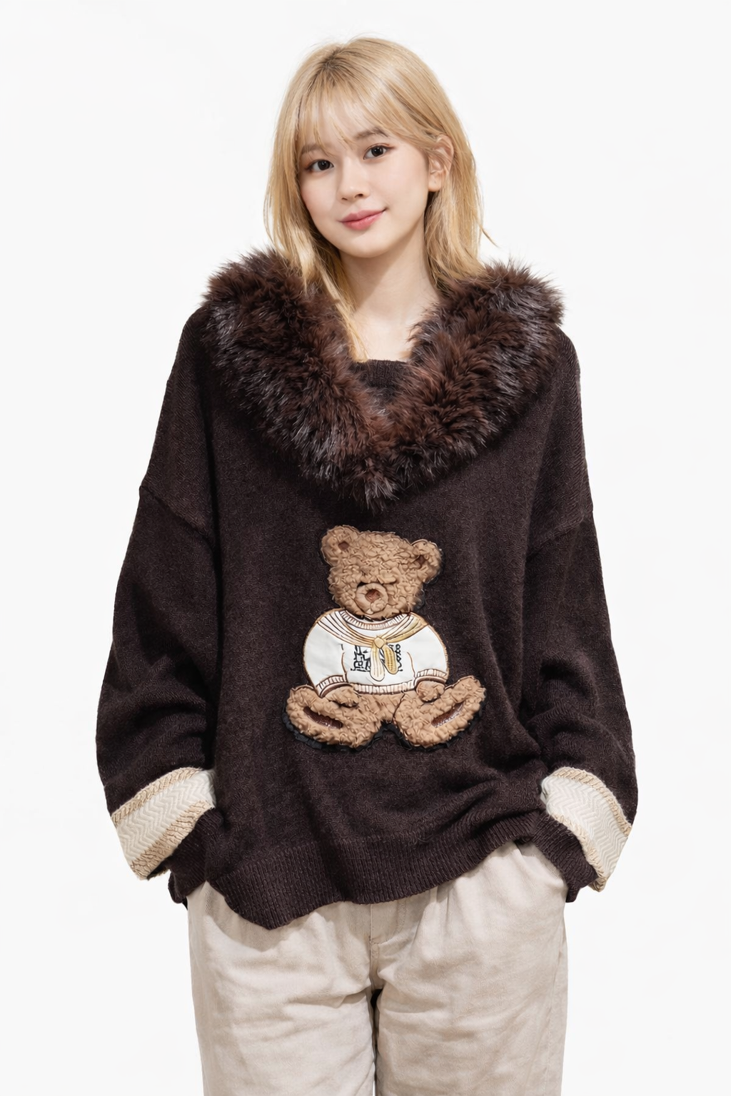 Women's Teddy Bear Brown Knit Sweater with Faux Fur Collar, Teddy Bear Appliqué, Long Sleeve Winter Pullover, One Size
