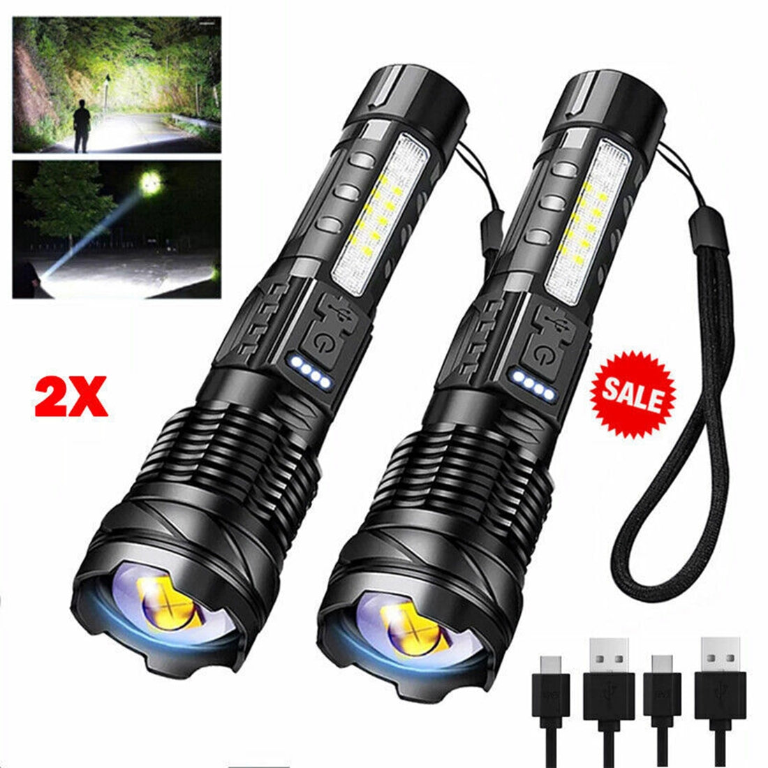 USB Rechargeable LED Flashlight Adjustable Focus Camping Hiking Outdoor Flashlight Work light (2Pack）