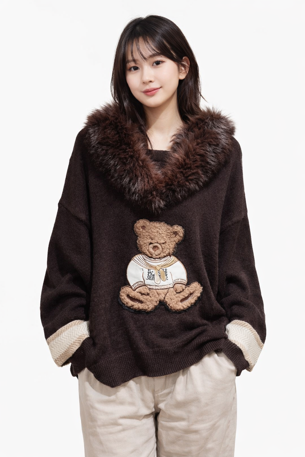 Women's Teddy Bear Brown Knit Sweater with Faux Fur Collar, Teddy Bear Appliqué, Long Sleeve Winter Pullover, One Size