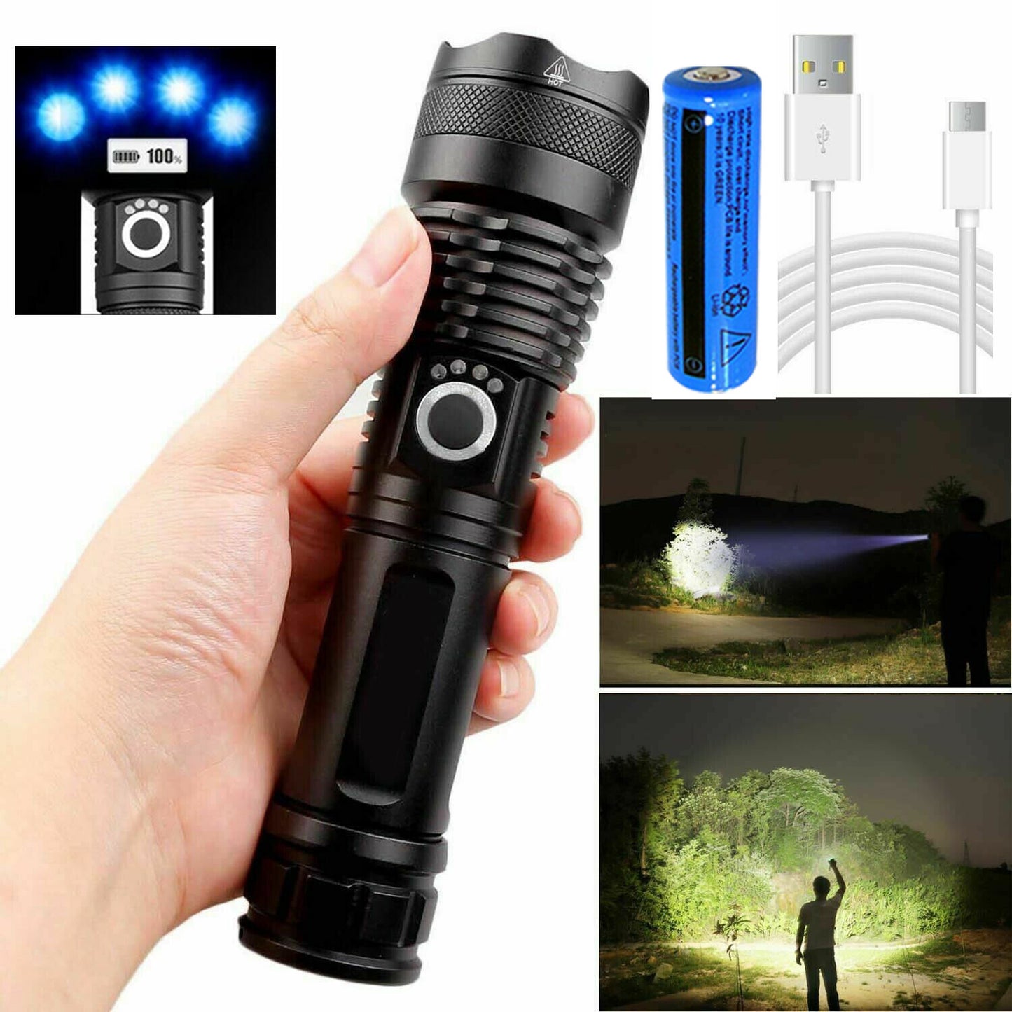 2 Pack USB Rechargeable LED Flashlight 5-Mode Outdoor Camping Hiking Flashlight WorkLight