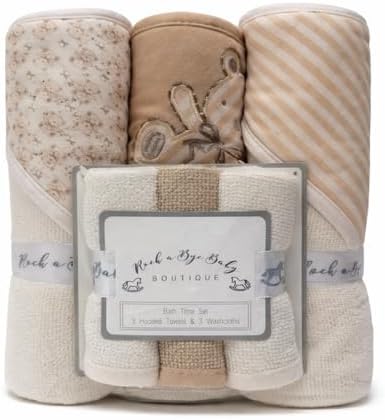 Rock-a-Bye Baby Boutique Bath Time Set, 3 Hooded Towels and 3 Washcloths