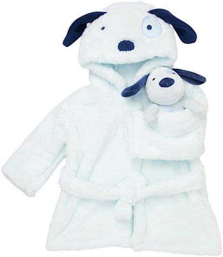 Rock-a-Bye Baby Boutique Blue Puppy Hooded Bath Robe & Plush Toy Gift Set – Ultra-Soft Baby Bathrobe for Newborns 6–9 Months, Cuddly Dog-Themed Puppy Hooded Bath Robe