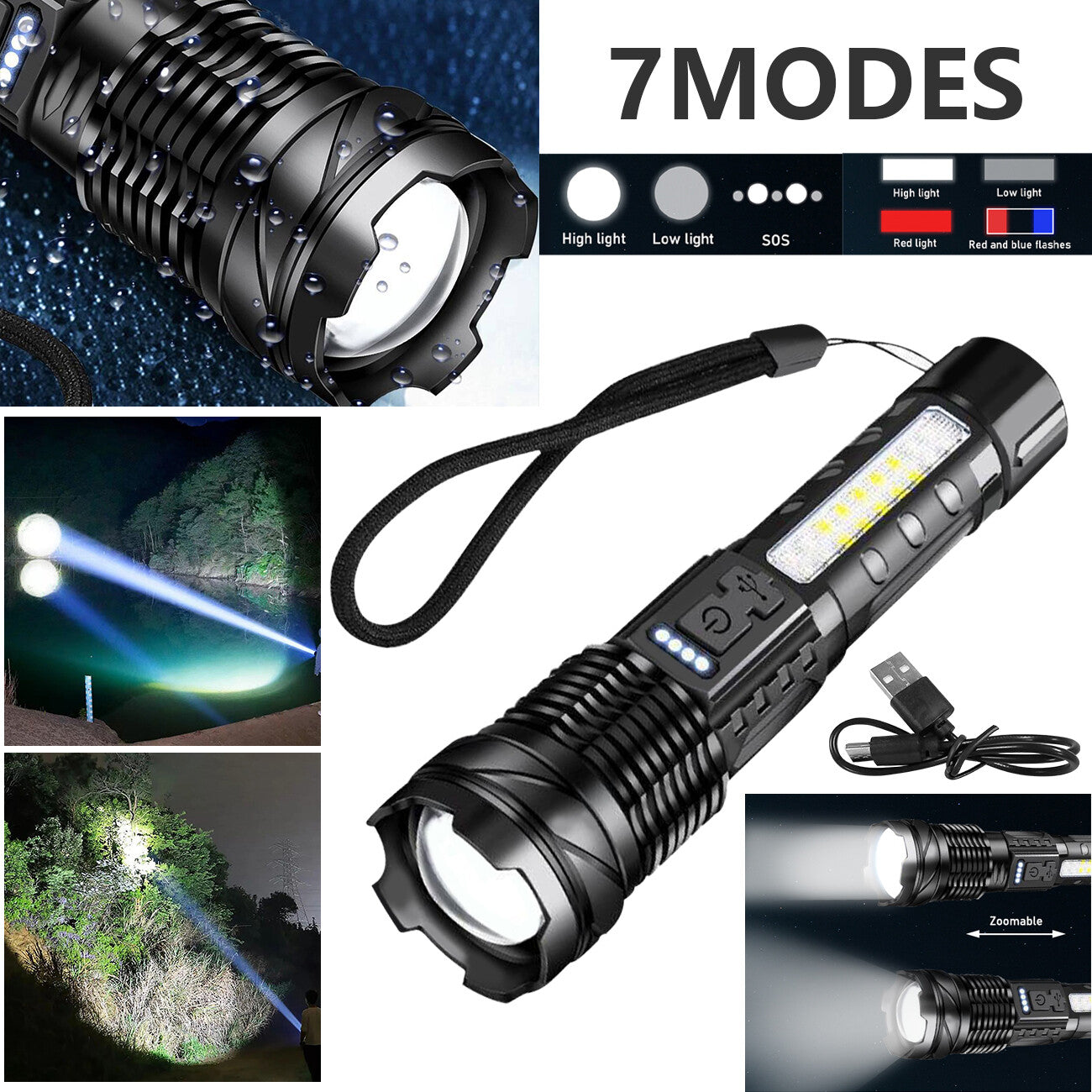 USB Rechargeable LED Flashlight Adjustable Focus Camping Hiking Outdoor Flashlight Work light (2Pack）