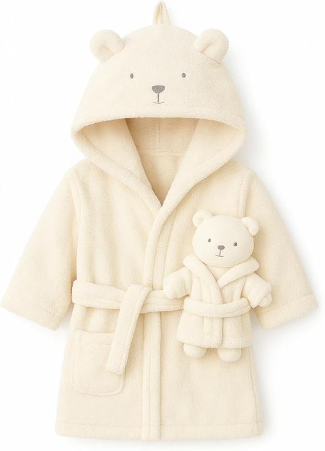 Rock-a-Bye Baby Boutique Unisex Ivory Cream Teddy Bear Plush Hooded Bath Robe with Cuddly Soft Toy – Gift Set for Babies 6–9 Months, Ultra-Soft Newborn Bathrobe & Matching Plush Toy