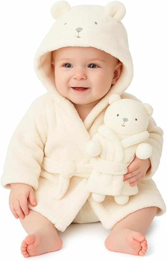 Rock-a-Bye Baby Boutique Unisex Ivory Cream Teddy Bear Plush Hooded Bath Robe with Cuddly Soft Toy – Gift Set for Babies 6–9 Months, Ultra-Soft Newborn Bathrobe & Matching Plush Toy