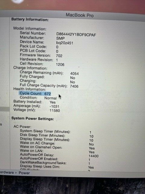 MacBook Pro Retina A1398 Mid 2014 Palmrest/keyboard/trackpad & battery (CYC 672)