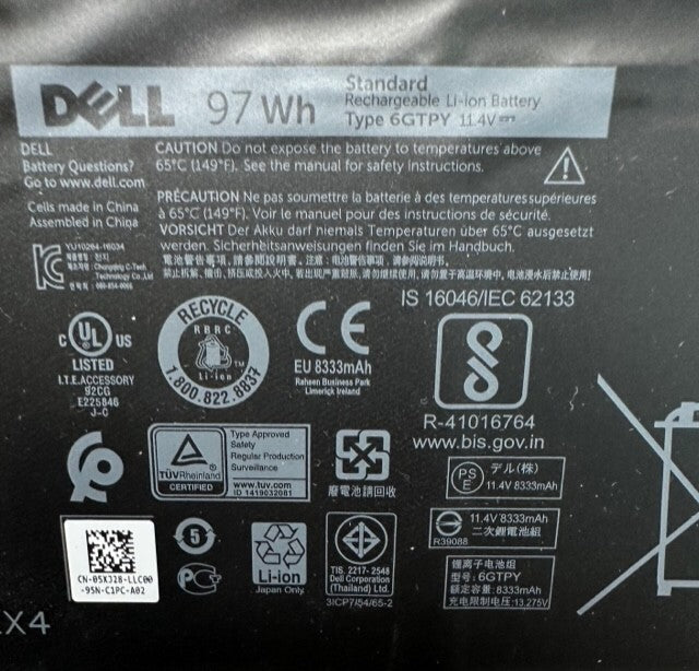 Genuine DELL XPS 15 9570 97Wh Battery  6GTPY 11.4V 6 Cell