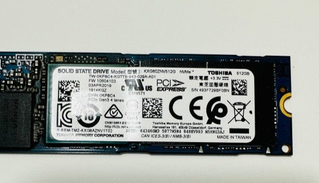 Dell/Toshiba 512GB M.2 NVMe KXG60ZNV512G 0KP8C4, DELL XPS 9570 With Win 10 Pro