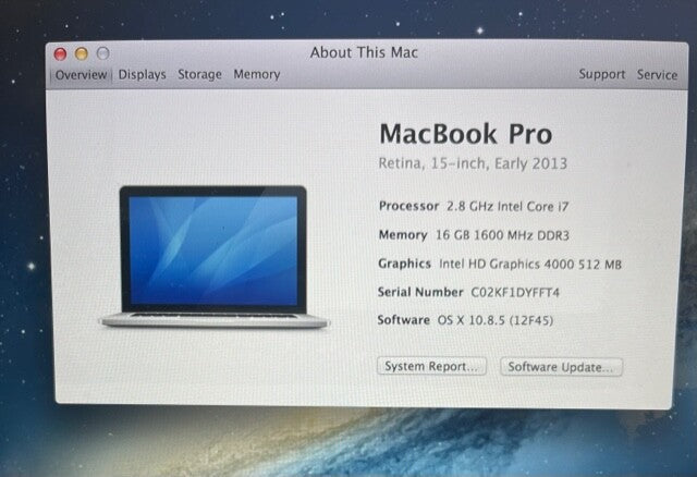MacBook Pro Retina A1398 Early 2013 256GB SSD 655-1794A (Mac OS X Mountain Lion)