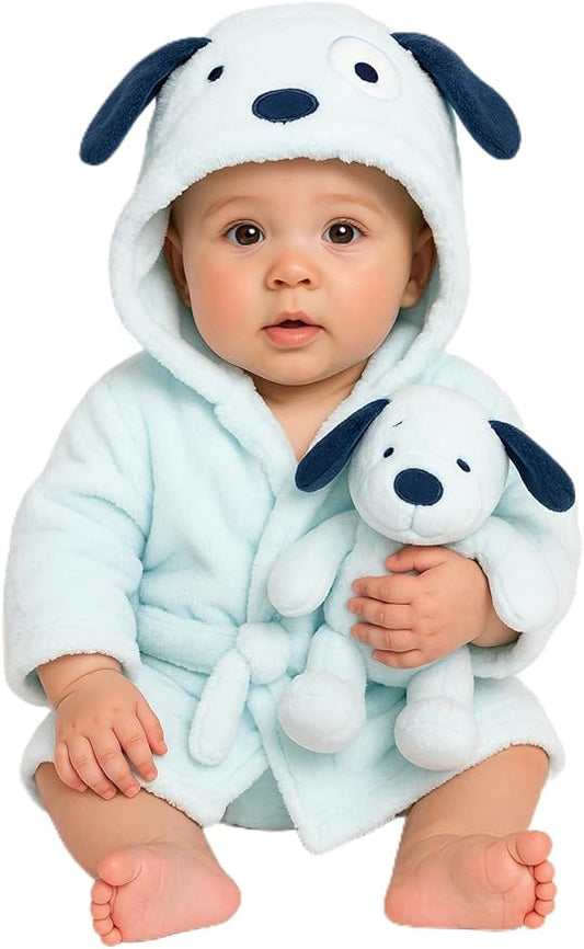 Rock-a-Bye Baby Boutique Blue Puppy Hooded Bath Robe & Plush Toy Gift Set – Ultra-Soft Baby Bathrobe for Newborns 6–9 Months, Cuddly Dog-Themed Puppy Hooded Bath Robe