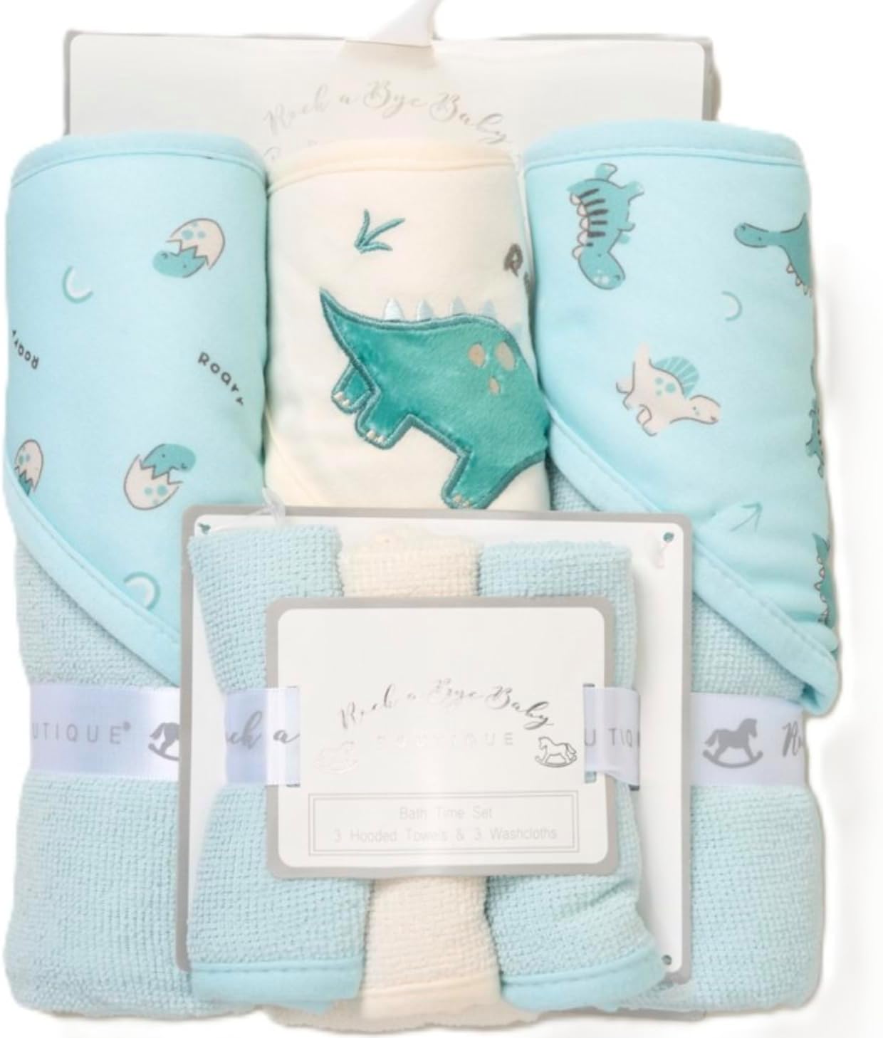 Rock-a-Bye Baby Boutique Bath Time Set, 3 Hooded Towels and 3 Washcloths