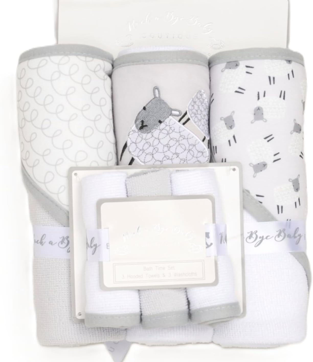 Rock-a-Bye Baby Boutique Bath Time Set, 3 Hooded Towels and 3 Washcloths