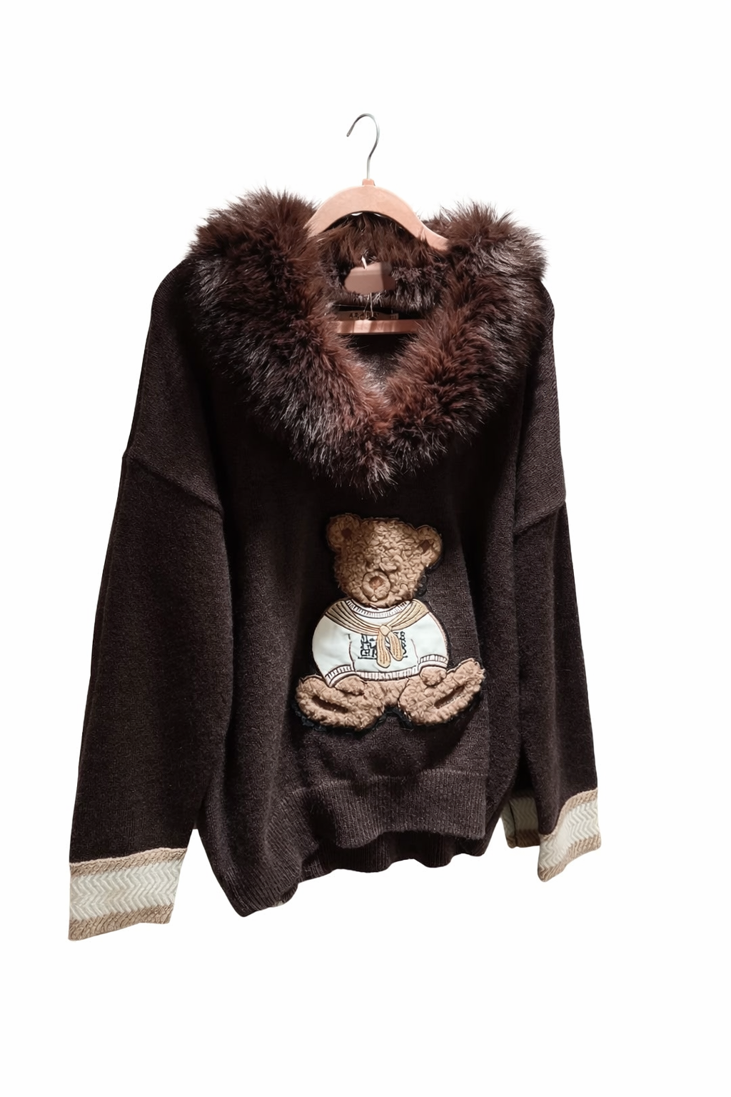 Women's Teddy Bear Brown Knit Sweater with Faux Fur Collar, Teddy Bear Appliqué, Long Sleeve Winter Pullover, One Size