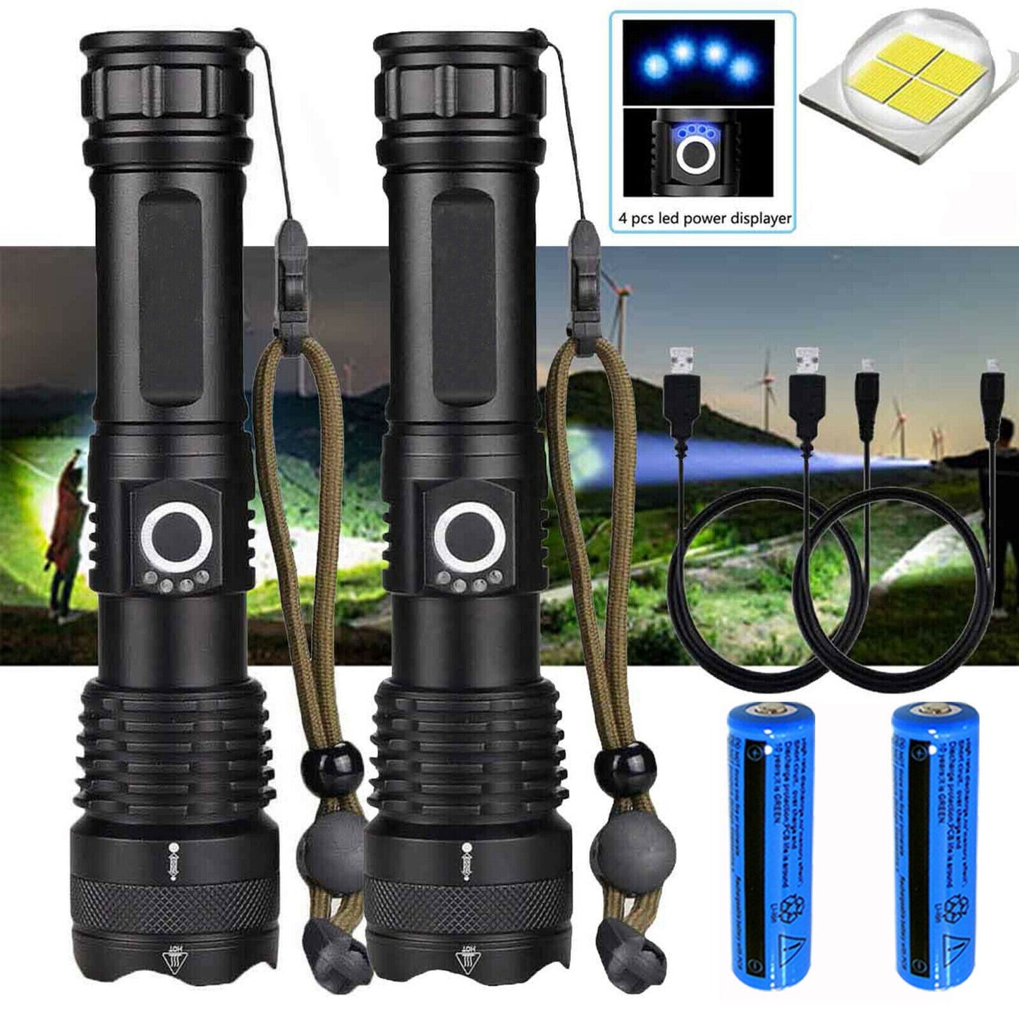 2 Pack USB Rechargeable LED Flashlight 5-Mode Outdoor Camping Hiking Flashlight WorkLight