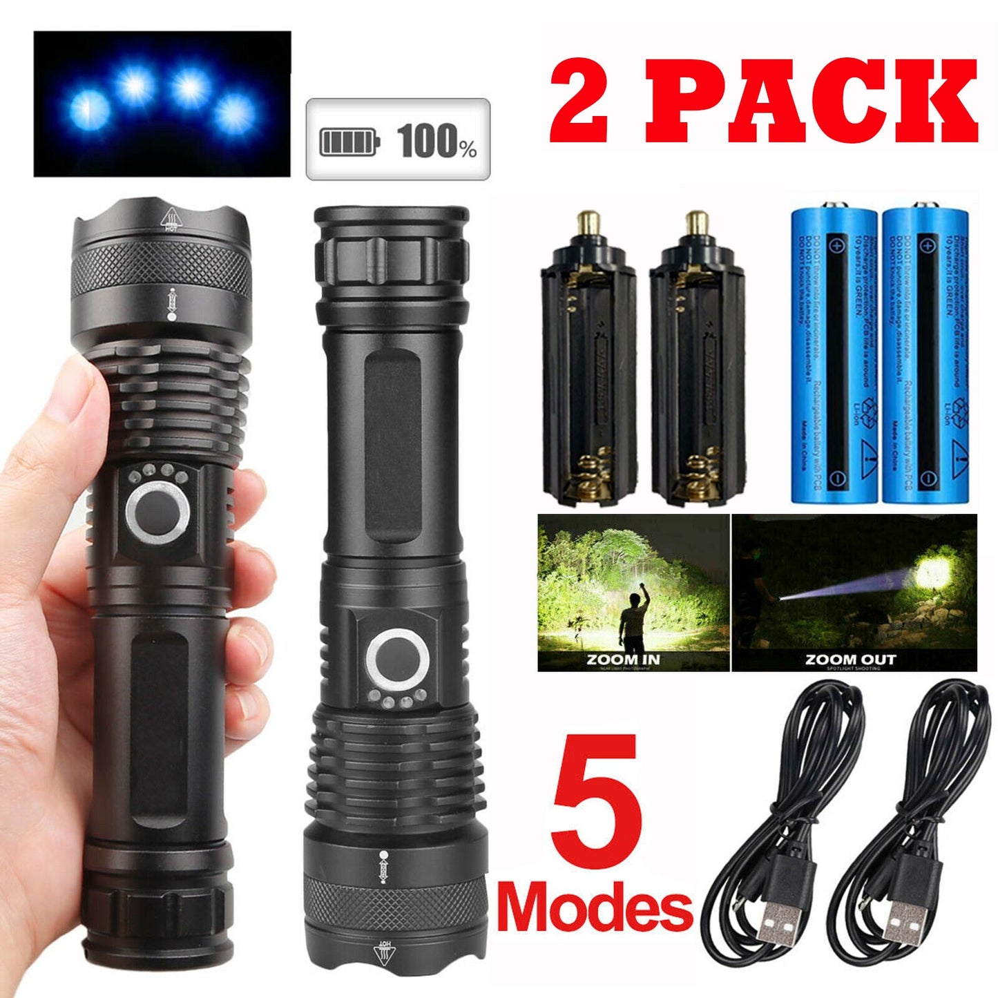 2 Pack USB Rechargeable LED Flashlight 5-Mode Outdoor Camping Hiking Flashlight WorkLight