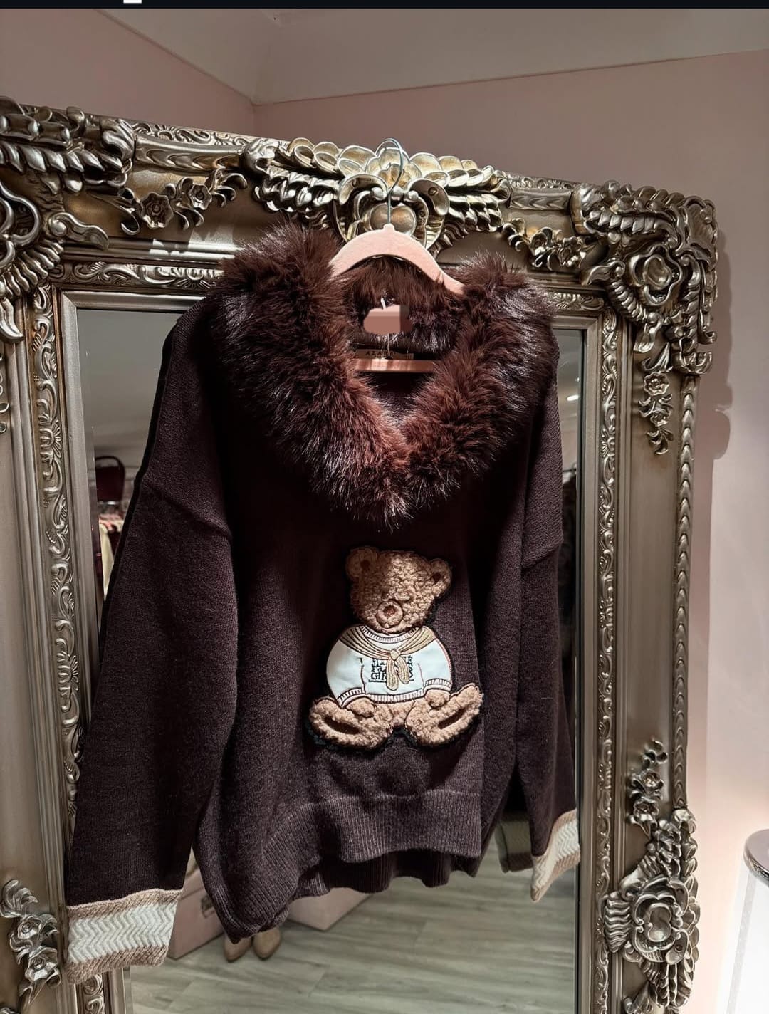 Women's Teddy Bear Brown Knit Sweater with Faux Fur Collar, Teddy Bear Appliqué, Long Sleeve Winter Pullover, One Size