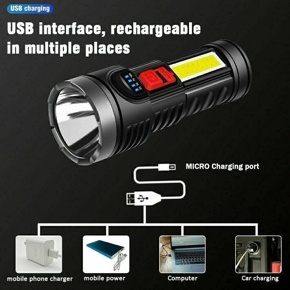 USB Rechargeable LED Flashlight 4-Modes Camping Hiking Torch Work Light