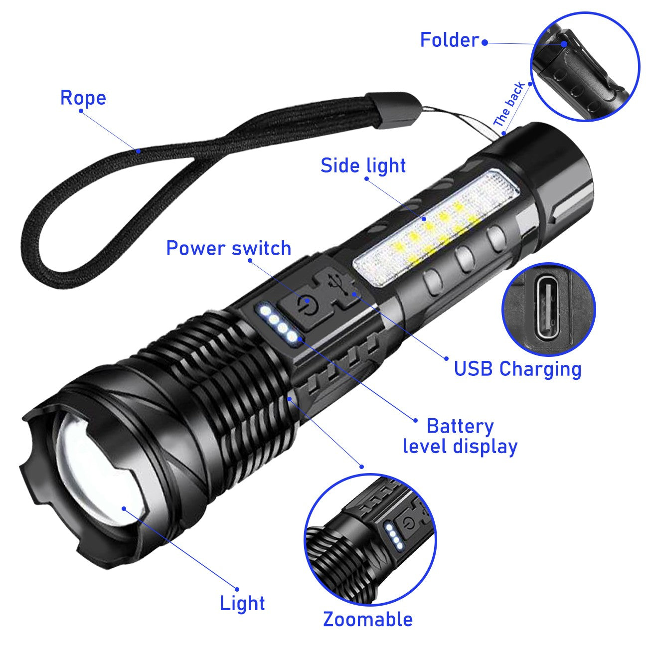 USB Rechargeable LED Flashlight Adjustable Focus Camping Hiking Outdoor Flashlight Work light (2Pack）