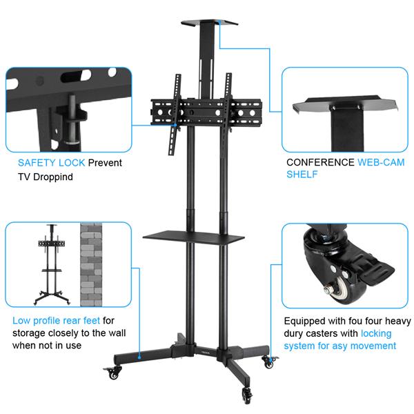 TSY 1600 32-70" TV Mobile Cart Weight Bearing 60kg Maximum VESA 400*600 Up and Down Adjustable 15° with Pulley Tray Camera Bracket
