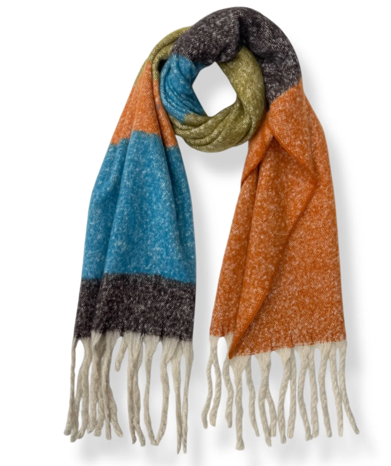 Soft Fluffy Colour Block Tassel Scarf – Warm Winter Wrap Shawl, Stylish Oversized Scarf for Everyday Wear