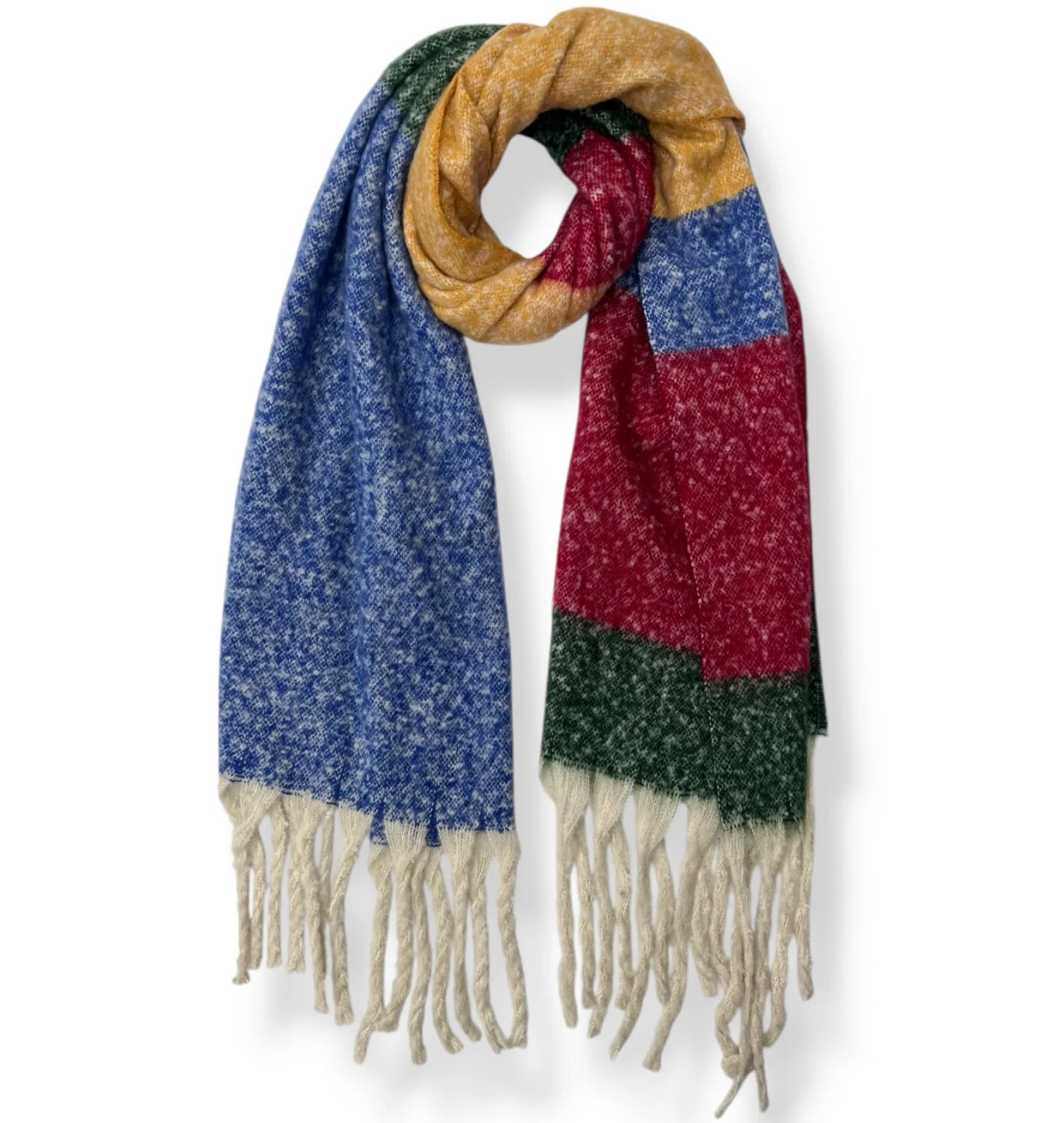 Soft Fluffy Colour Block Tassel Scarf – Warm Winter Wrap Shawl, Stylish Oversized Scarf for Everyday Wear