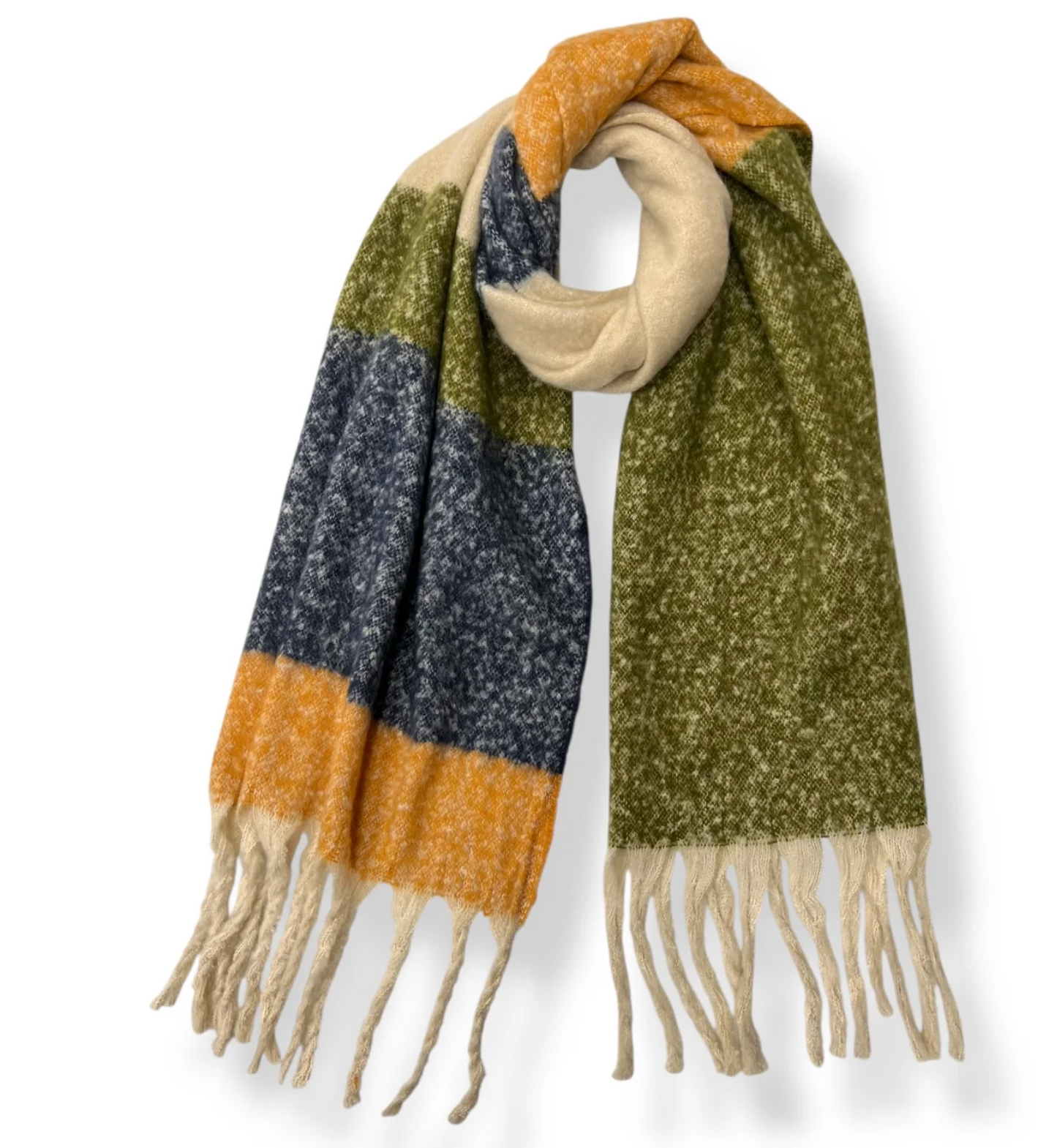 Soft Fluffy Colour Block Tassel Scarf – Warm Winter Wrap Shawl, Stylish Oversized Scarf for Everyday Wear