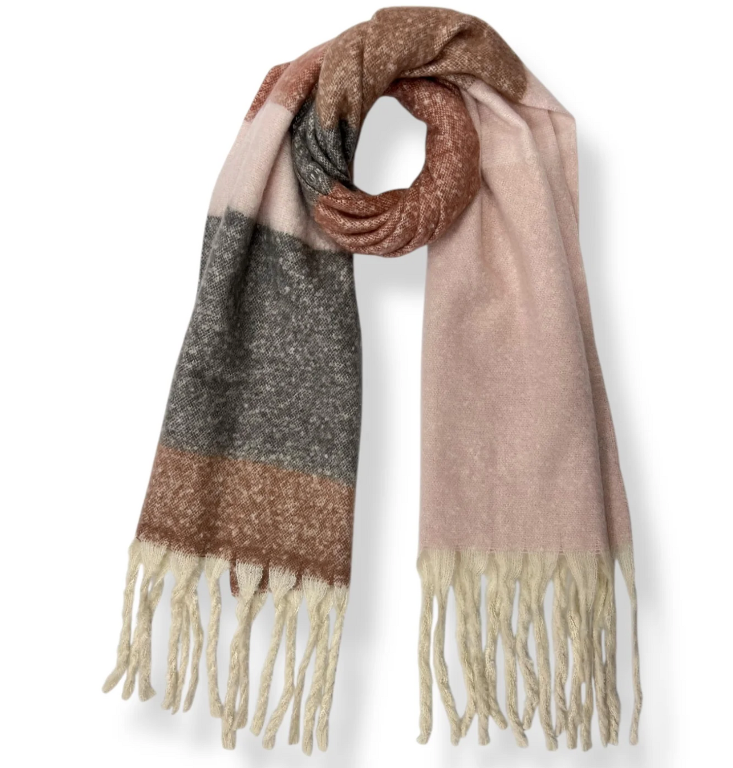 Soft Fluffy Colour Block Tassel Scarf – Warm Winter Wrap Shawl, Stylish Oversized Scarf for Everyday Wear