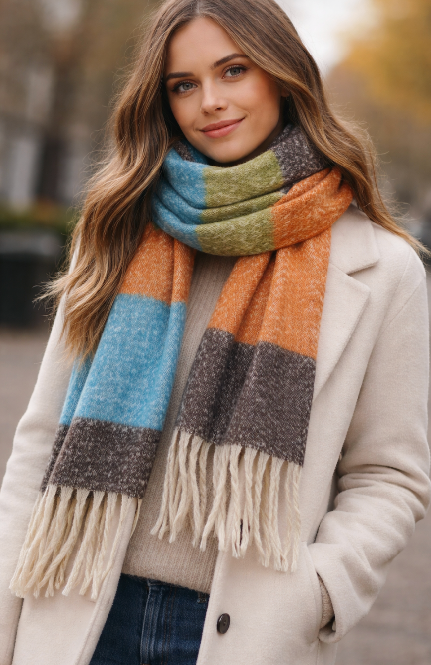 Soft Fluffy Colour Block Tassel Scarf – Warm Winter Wrap Shawl, Stylish Oversized Scarf for Everyday Wear