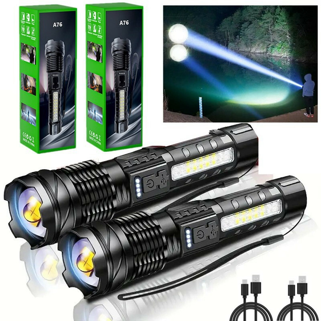 USB Rechargeable LED Flashlight Adjustable Focus Camping Hiking Outdoor Flashlight Work light (2Pack）