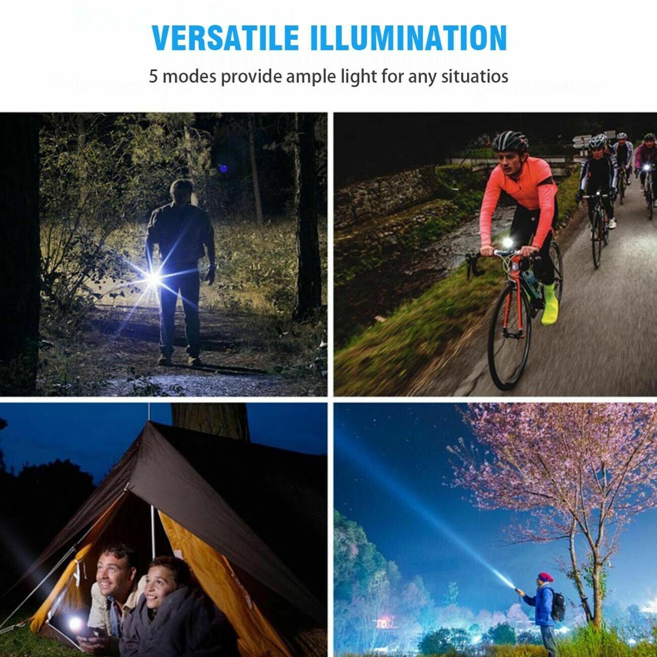 2 Pack USB Rechargeable LED Flashlight 5-Mode Outdoor Camping Hiking Flashlight WorkLight