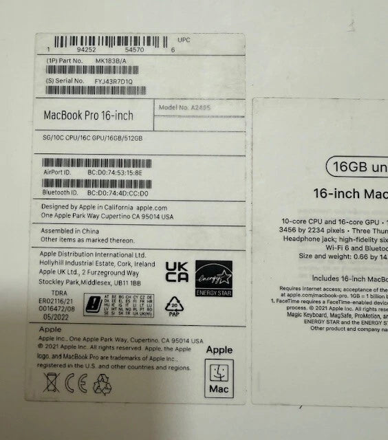 Apple MacBook Pro  A2485  BOX Only( Empty Box) Used